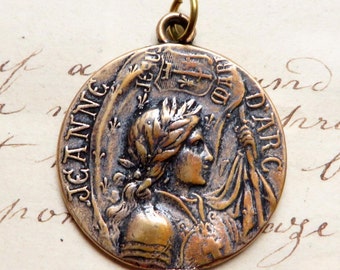 St Joan of Arc Battle Flag Medal - Bronze Antique Replica - Patron of strong women, soldiers, prisoners & France