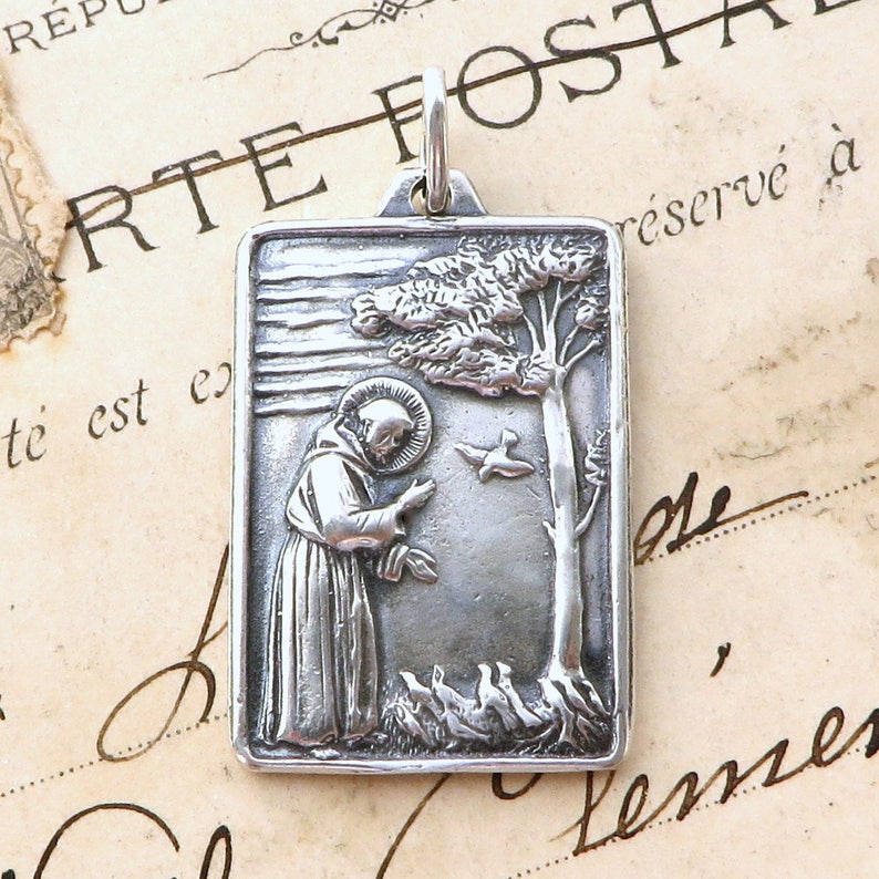 St Francis of Assisi Feeding the Birds Large Medal Sterling Silver Antique Replica Patron of Animals and the Environment image 1