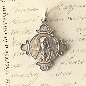 Sacred Heart of Jesus  Cross Medal - Sterling Silver Antique Replica