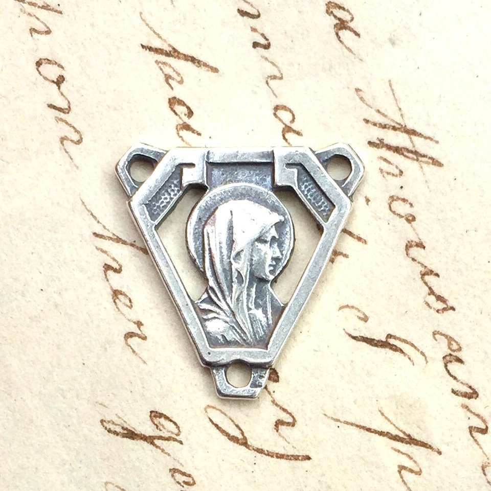 Virgin Mary Art Deco Rosary Center - Sterling Silver Antique