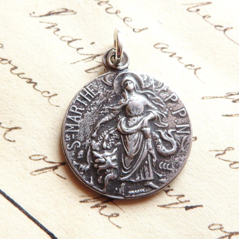 St Martha Medal Sterling Silver Antique Replica Patron of homemakers, housewives, chefs & cooks image 1