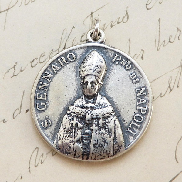 St Gennaro / Januarius Medal - Patron of Naples, Italy - Sterling Silver Antique Replica