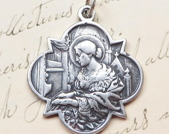 St. Cecilia Medaille - Antike Replik aus Sterlingsilber - Gönner von Mädchen, Musikern, Dichtern, verlobten Paaren