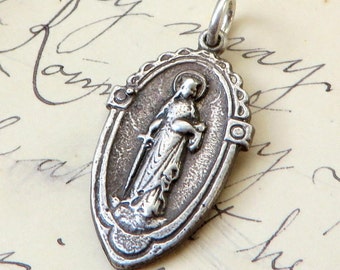 St Dymphna Medal - Sterling Silver Antique Replica - Patron of mental health & against anxiety