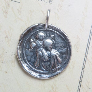 St Christopher Wax Seal Medal Patron of travelers, against storms & sailors Sterling Silver Antique Replica image 3