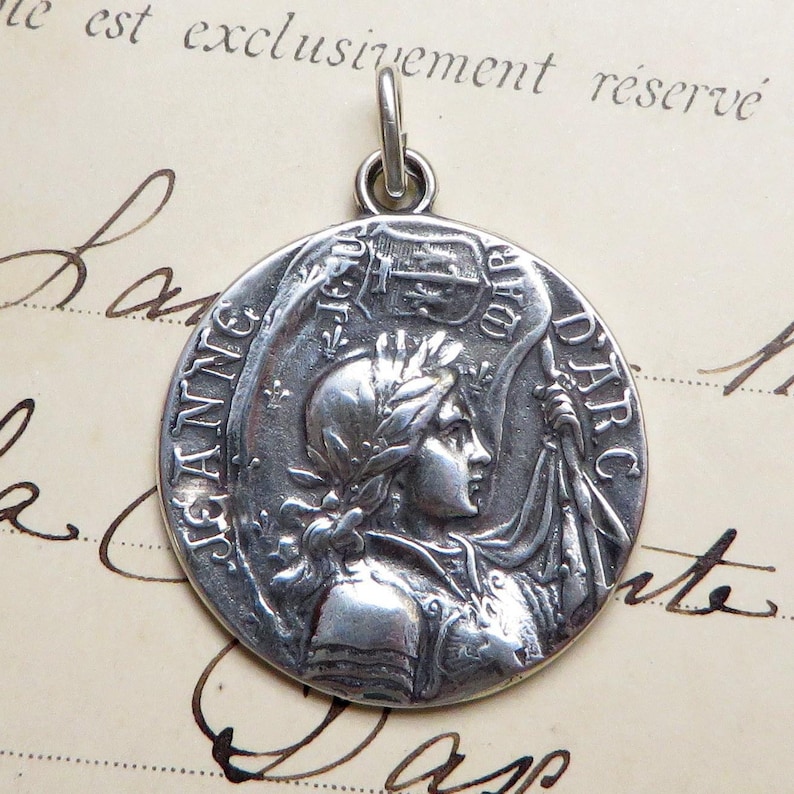 St Joan of Arc Battle Flag Medal Sterling Silver Antique Replica Patron of strong women, soldiers and France image 1