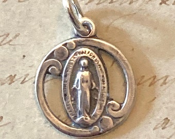 Small Miraculous Medal / Virgin Mary Medal - Sterling Silver Antique Replica