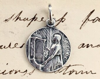 St. Cecilia Medaille - Antike Replik aus Sterlingsilber - Gönner von Mädchen, Musikern, Dichtern, verlobten Paaren