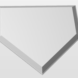 May include: A white, pentagonal baseball home plate with beveled edges. The plate is a solid, three-dimensional shape, designed for use in baseball games. The plate is set against a plain, light background.