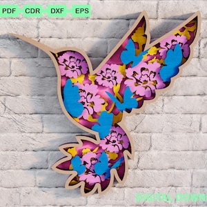 Hummingbird Flowers SVG, Laser cut files - 5 Layer Art Piece