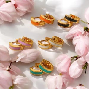 Enamel Hoop Earrings: 18K Gold Plated Stainless Steel Huggies