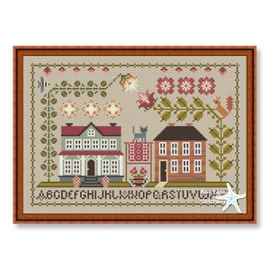 Cross stitch sampler, Two House and ABC pattern, Sampler houses, Primitive pdf pattern