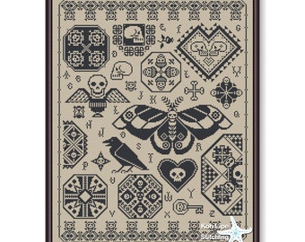 Halloween Cross stitch sampler, Halloween skulls, Skulls pattern, Quaker Halloween sampler