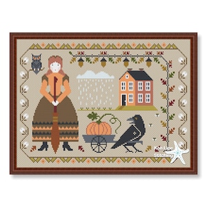 Girl Autumn Season Cross Stitch Pattern: Halloween Sampler (PDF Pattern)