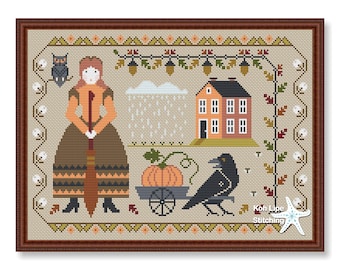 Halloween Cross stitch sampler, Girl Autumn, Sampler season autumn, Autumn pattern pdf