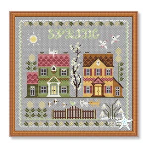 Cross stitch sampler, Two house Spring, Sampler spring houses, Primitive pdf pattern