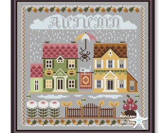 Cross stitch sampler, Two house Autumn, Sampler autumn houses, Season house pdf pattern