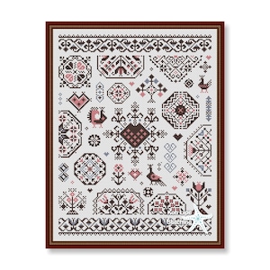 Flowers and Peacocks Quaker Cross Stitch Pattern Antique Style Ornament (PDF Pattern)