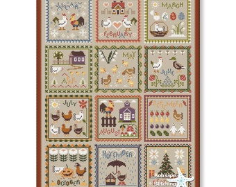 Cross stitch sampler, Chicken Calendar, Seasons pattern, Primitive pdf pattern