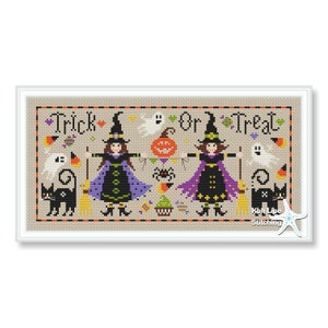 Halloween Cross stitch sampler, Trick or Treat, Halloween pattern, Witches and black cats Sampler