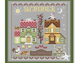 Cross stitch sampler, Two house Summer, Sampler summer houses, Season house pdf pattern