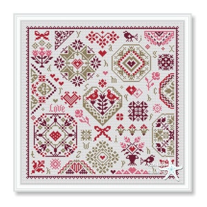 Quaker Love Cross Stitch Pattern:  Valentine&#39;s Day Hearts Sampler (PDF Pattern)