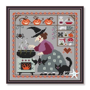 Halloween Cross stitch sampler, Witch and black Cat, Halloween pattern, Witch Sampler pdf