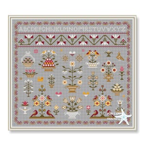 Flowers and Birds Cross Stitch Sampler: Primitive Old Style Pattern (PDF)