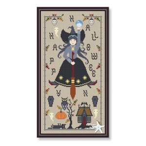 Halloween Cross Stitch Sampler: Little Witch On a Broom Pattern (PDF Pattern)