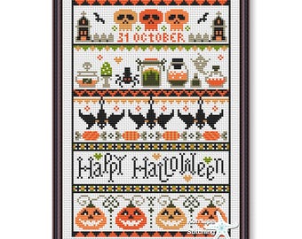 Happy Halloween Cross stitch sampler, Halloween pattern, October 31 Sampler pdf