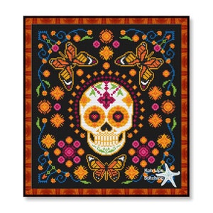 Amostra de ponto cruz El dia de los Muertos, amostra de caveira de açúcar, amostra de Halloween