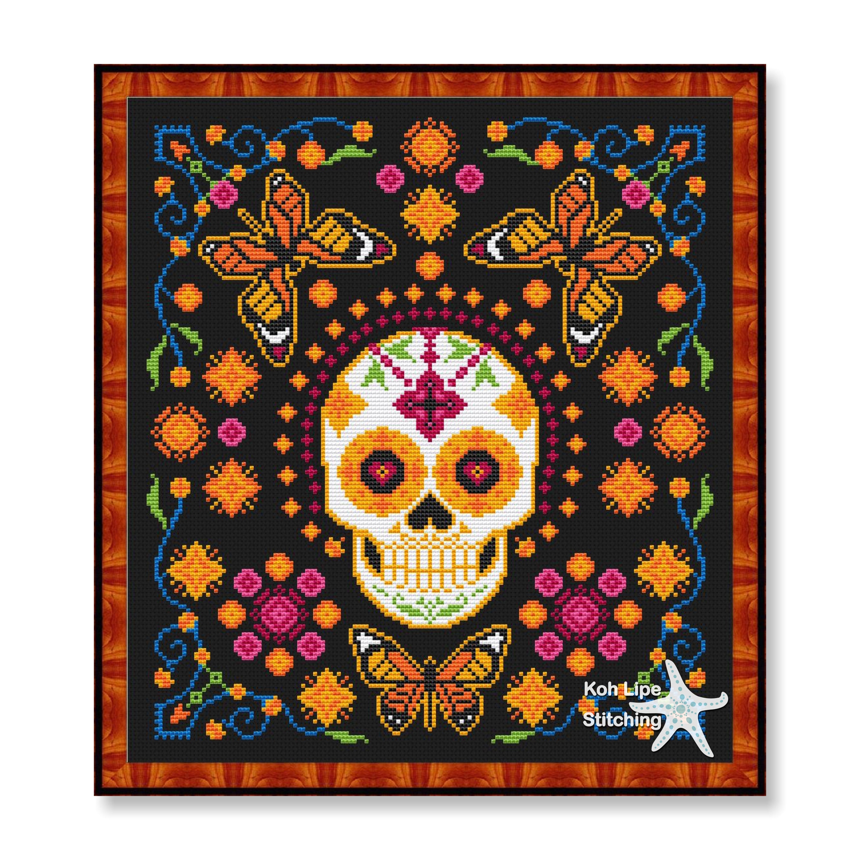 El dia de los Muertos Cross stitch sampler, Sugar Skull sampler, Halloween sampler