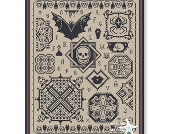 Halloween Cross stitch sampler, Halloween quaker, Skulls pattern, Quaker Halloween sampler