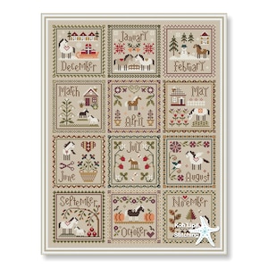Cross stitch sampler, Horse Calendar, Seasons Month Years pattern, Primitive pdf pattern