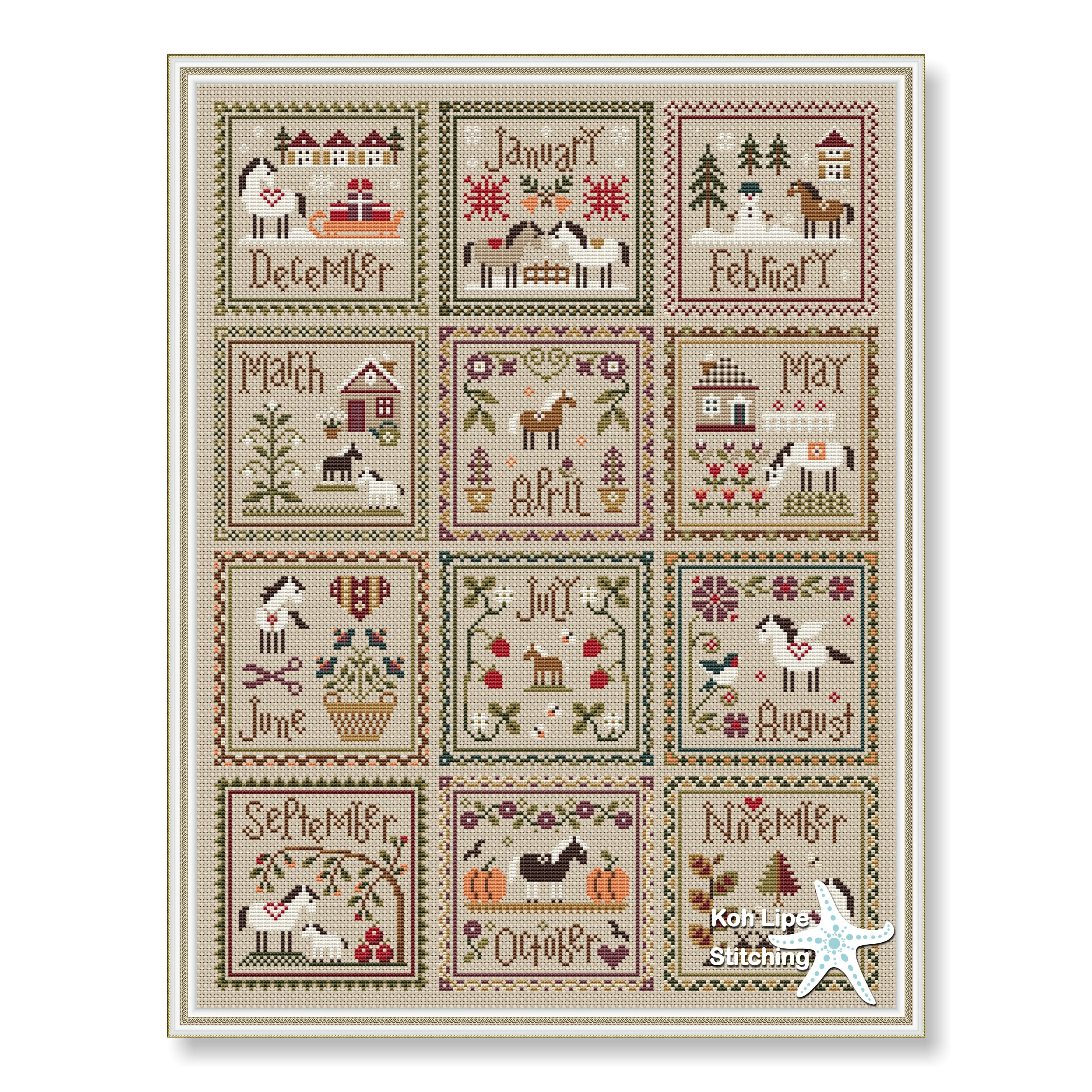 Cross stitch sampler, Horse Calendar, Seasons Month Years pattern, Primitive pdf pattern