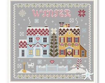 Cross stitch sampler, Two house Winter, Sampler winter houses, Christmas pdf pattern