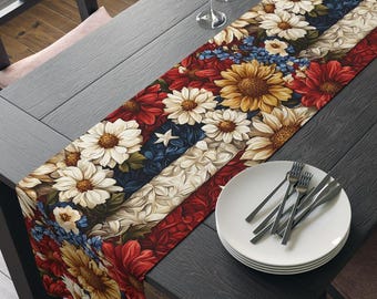 Patriotic Floral Table Runner, Vintage Americana Decor, 4th of July Table Runner, Rustic Farmhouse Runner, Memorial Day Summer Decor