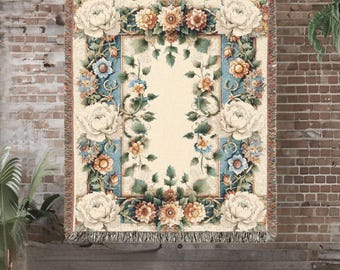 Floral Woven Cotton Throw Blanket: Vintage Style Fringed Couch Blanket