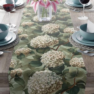 Peut inclure: Chemin de table avec un motif botanique de grandes fleurs d'hortensia blanches et de feuilles vertes sur un fond vert clair. Le texte "Fuck Trump" est visible sur le motif. Le chemin de table est posé sur une table en bois avec des couverts.