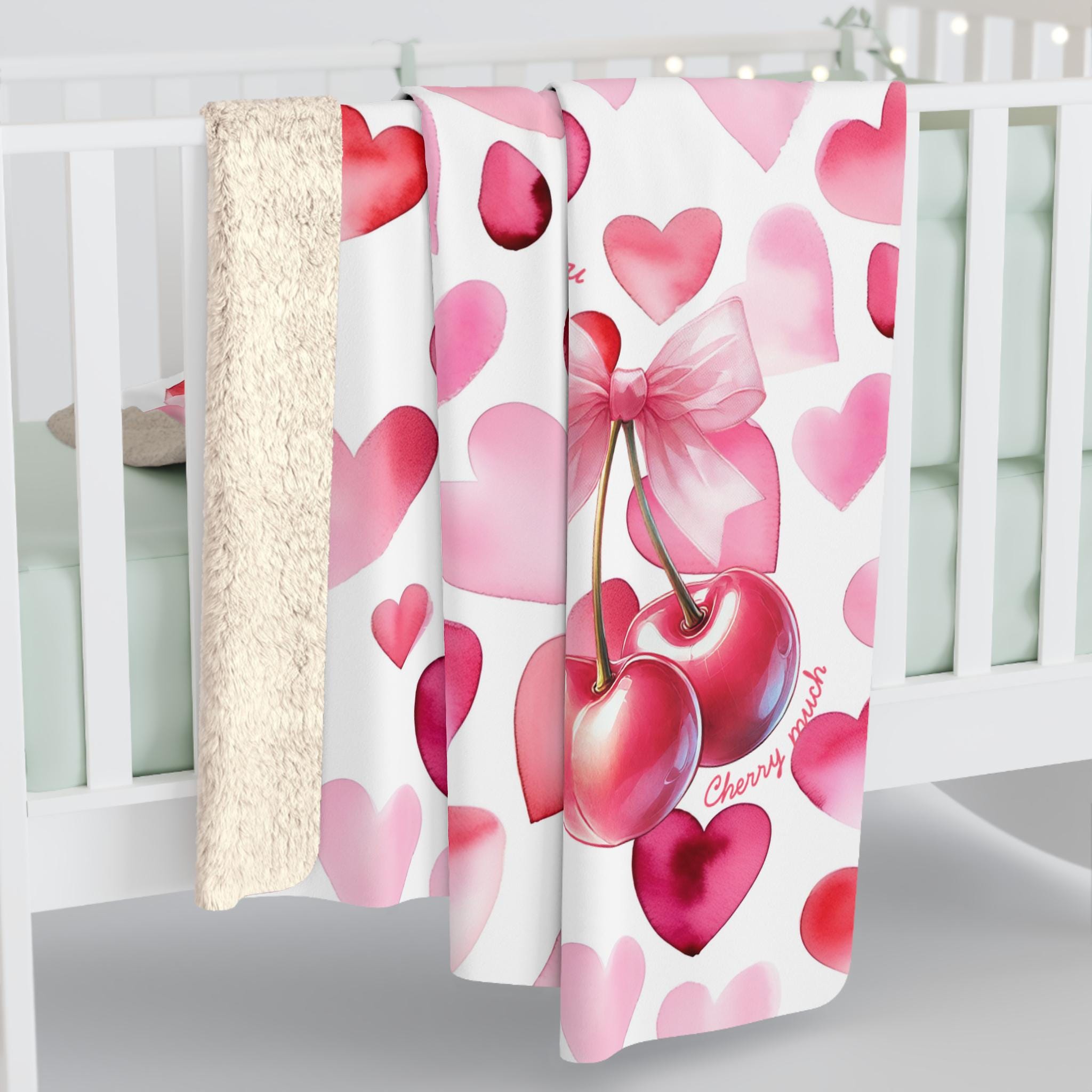 Pink Hearts & Cherry Sherpa Fleece Blanket: Cozy Plush Throw  Deco Cherry Heart Print Plush Throw Blanket display picture 1