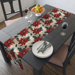 Table Runner - Christmas Poinsettia Pattern, Kitchen Linens, Dining Decor, Home Textiles, Fall Table Setting, Home Decor