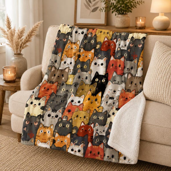 Manta para gatos, manta de forro polar Sherpa, diseño colorido de gatos