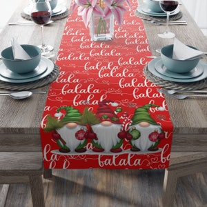Christmas Table Runner, Gnome on Festive Christmas Pattern, Table Decor, Holiday Dining Decor, Home Textiles, Fall Table Setting, Home Decor