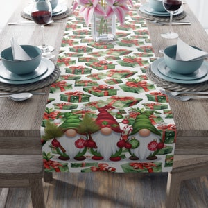Table Runner -  Three Christmas Gnomes pattern, Festive Kitchen Linens, Dining Decor, Home Textiles, Fall Table Setting, Home Decor