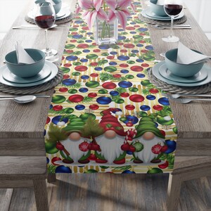 Table Runner - Christmas Gnome pattern, Festive Kitchen Linens, Dining Decor, Home Textiles, Fall Table Setting, Home Decor