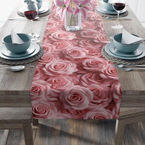 Table Runner, Pink Rose Floral Design, Wedding Table Decor, Dining Room Decor, Home Kitchen Accessory,  Wedding decor