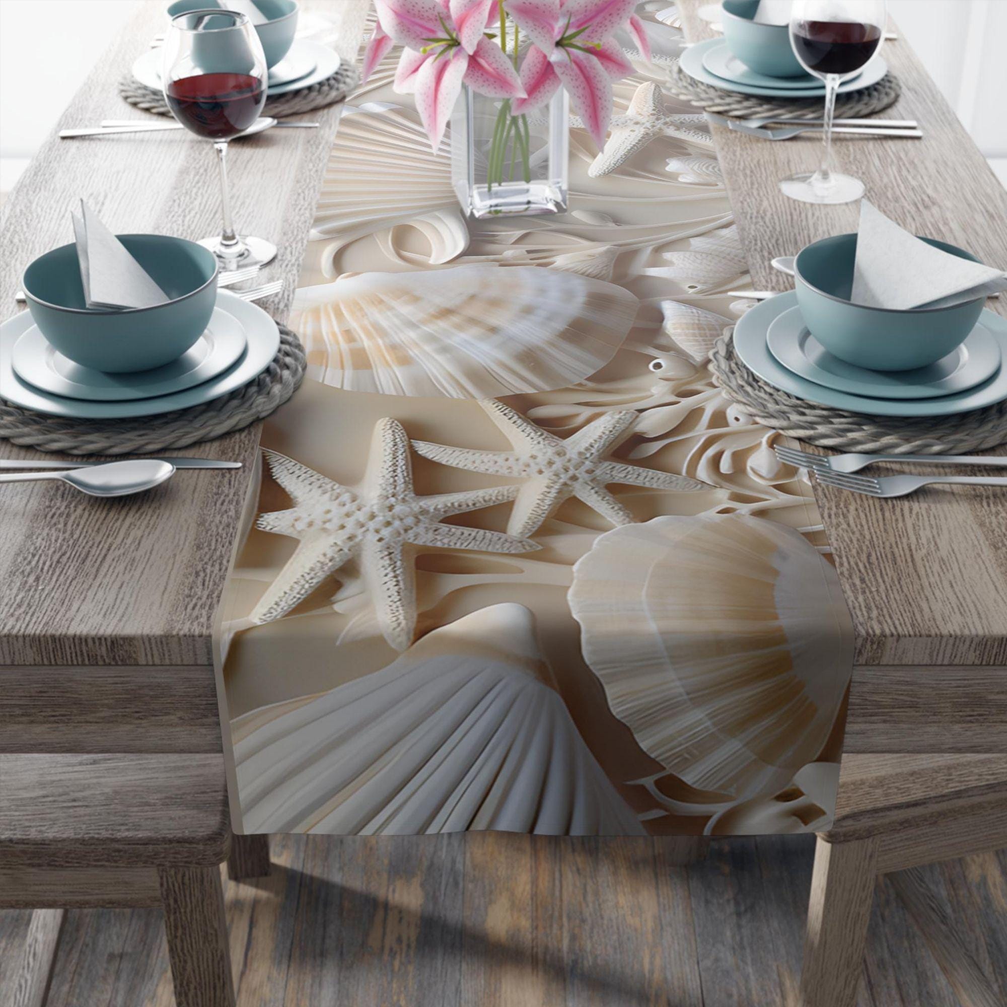 Runner Seashell Seashell Table Runner: Coastal Beach House Decor, Cotton or Polyester ...
