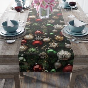 Table Runner - Christmas Ornament Pattern, Kitchen Linens, Dining Decor, Home Textiles, Fall Table Setting, Home Decor