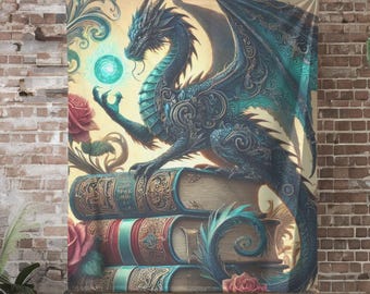 Fantasy Dragon Plush Blanket: Gothic Library Decor Throw