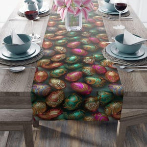 Table Runner, Easter Egg Design, Spring Dining Decor, Holiday Kitchen Linens, Cotton Poly Blend, Colorful Table Decor